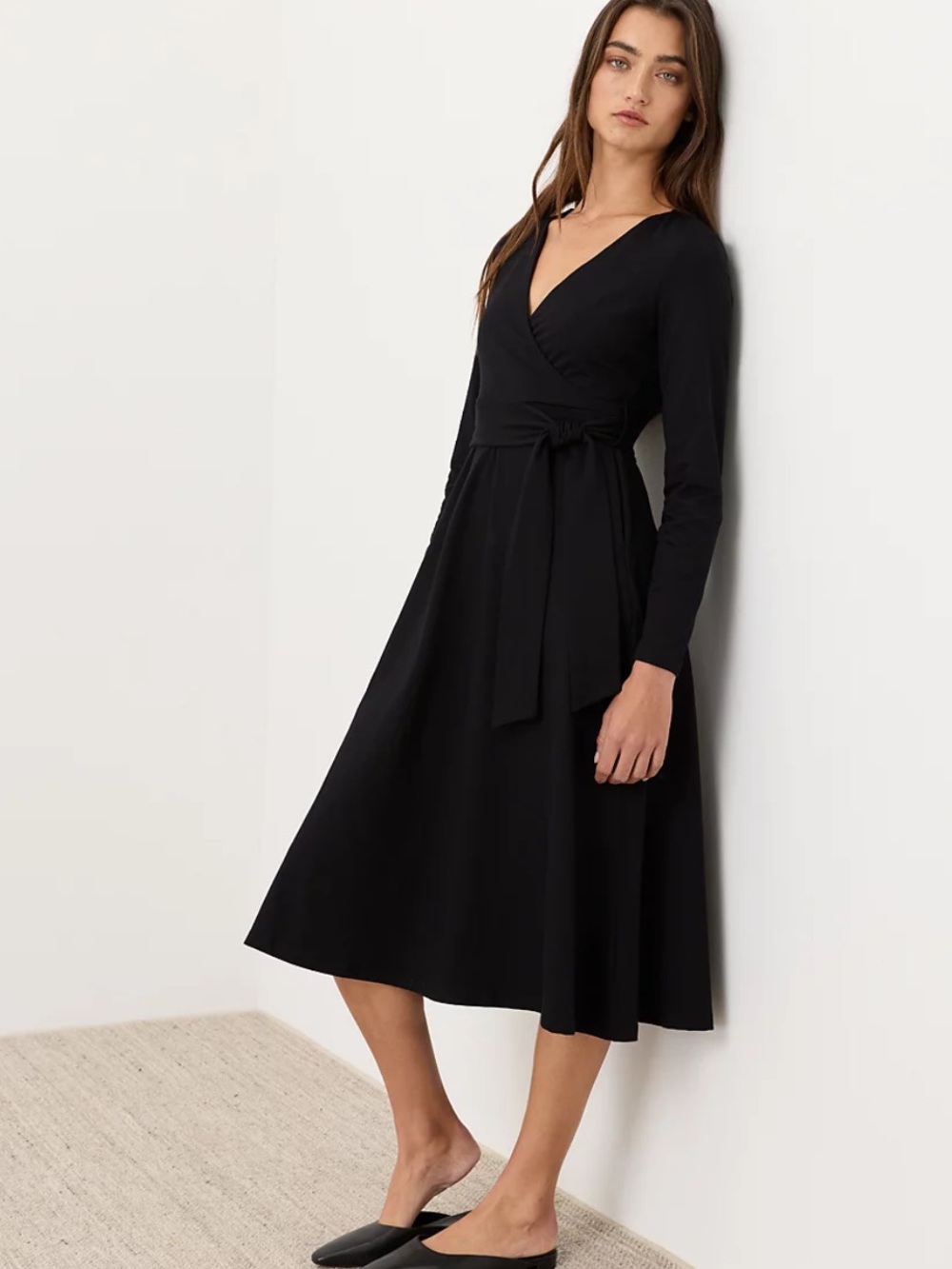 Pact Black Women's Fit & Flare Tie Waist Wrap Dress Pockets Organic Cotton XS
